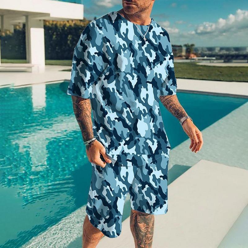 Summer Casual Breathable and Refreshing Sports Suit Oversized Men's Top Y2K Style 3D Printed Format Pattern Short Sleeve T-Shirt Man 2-Piece