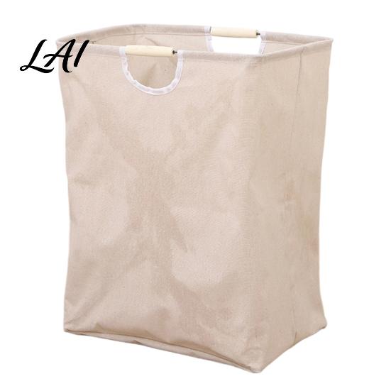 Cotton And Linen Laundry Organizer Basket with Wooden Handles Large Space Saving Bag Basket Storage Foldable for Families Collapsible Hamper