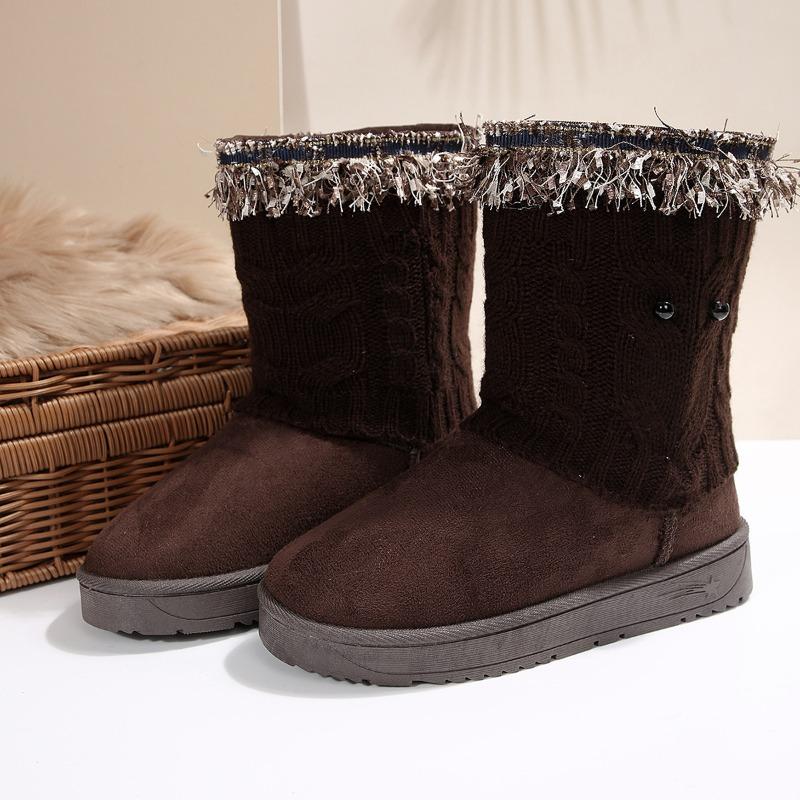 Fashion Mid-barrel Cotton Boots Winter New Round Toe Suede Stitched Platform Anti-slip Wear-resistant Snow Boots