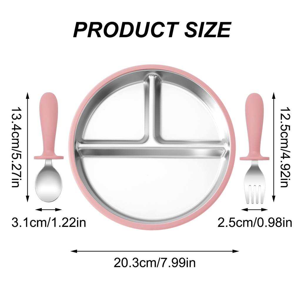 Color Kids 3PCS Stainless Steel Feeding Set Divided Plates With Silicone Sucker Toddler Training Fork Spoon BPA Free Tableware