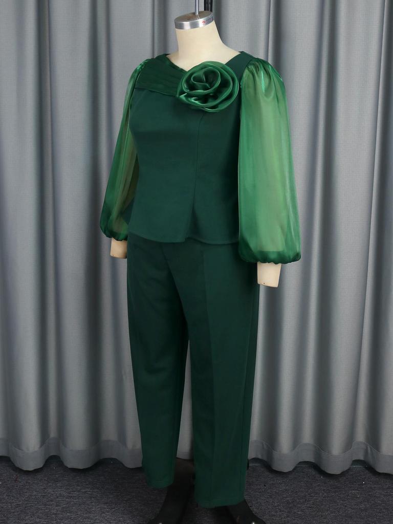 Set de Pantaloni Verzi Mărimi Mari cu Mâneci din Plasă Strălucitoare și Detaliu Floral 3D Perfect pentru Biserică Adunări Formale și Evenimente Speciale