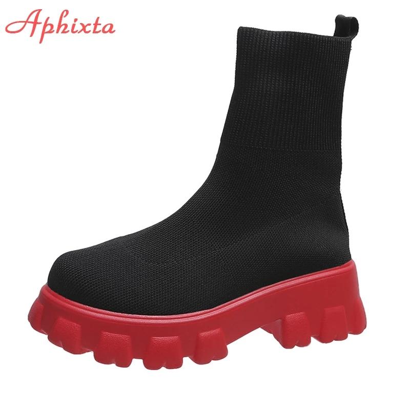 Aphixta Autumn New Stretch Fabric Socks Shoes Woman Casual Platform Boots Net Red Knitted Short Boots Women Plus Size Booties