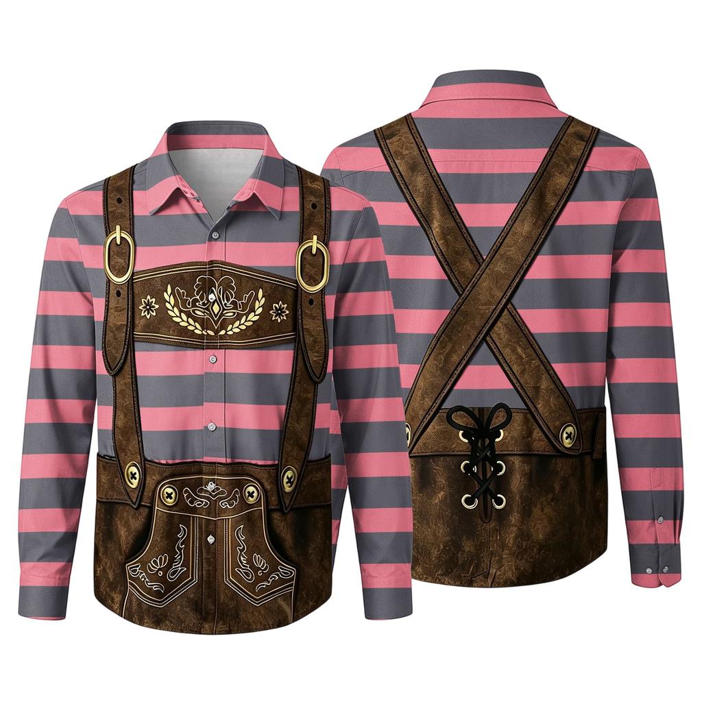 Herren Oktoberfest 3D-Druck Locker geschnitten Langarmhemd mit Reverskragen Vintage Lässig Outdoor Festival Party Atmungsaktives Oberteil