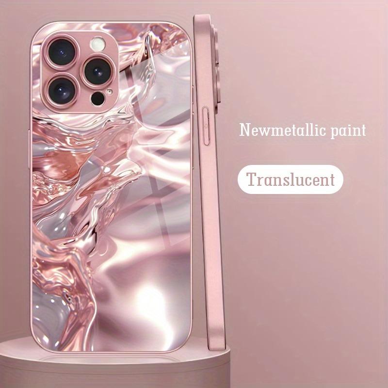 3D Water Ripple Pattern Pink Metallic Paint Glass Hard Phone Case For iPhone 17 16 15 14 13 12 11 Pro Max Plus 16E 17Air Cover