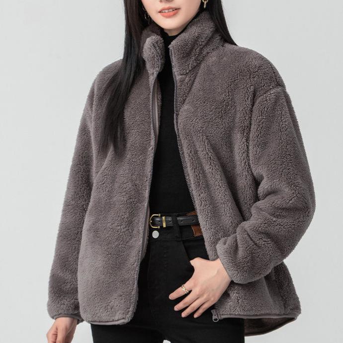 Women's Gray Double-Sided Fleece Hoodie Jacket, Plus Velvet, Thickened, Windproof Stand Collar, Long Sleeve, Warm Outerwear for Autumn/Winter