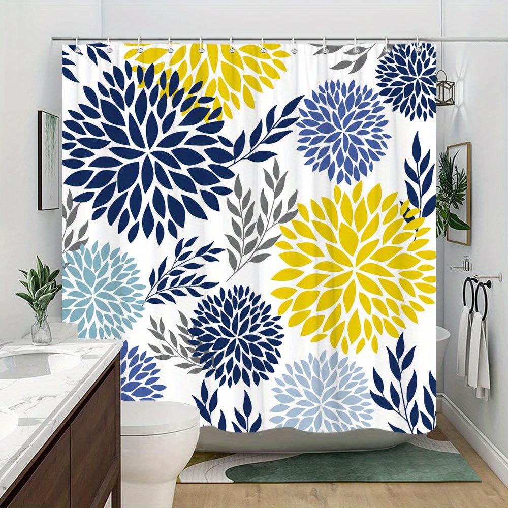 1 Piece Blue and Yellow Floral Pattern Shower Curtain Polyester Bathroom Decor with Overlapping Flowers and Gray Accents