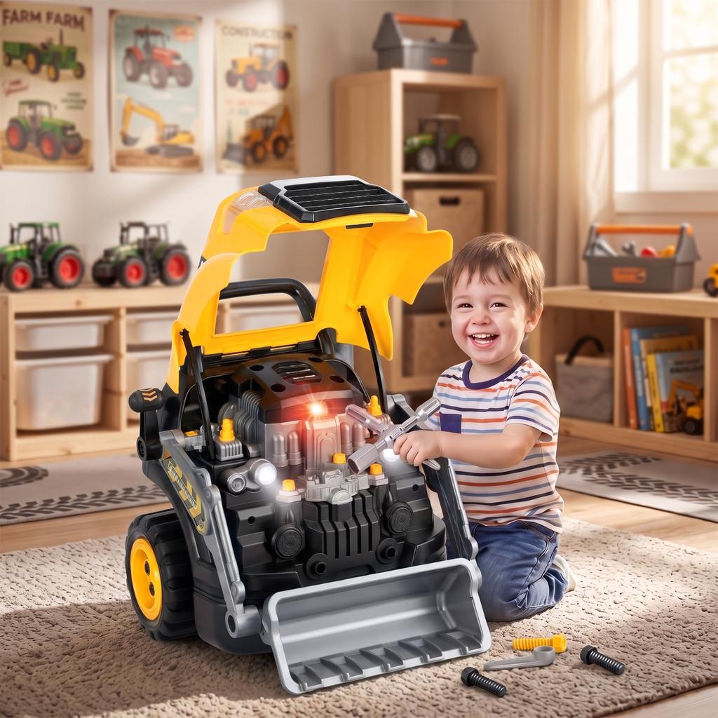 Toy Truck Engine and Excavator, Steering Wheel, Fog Effect, Sound and Light, Ages 3-6, Yellow