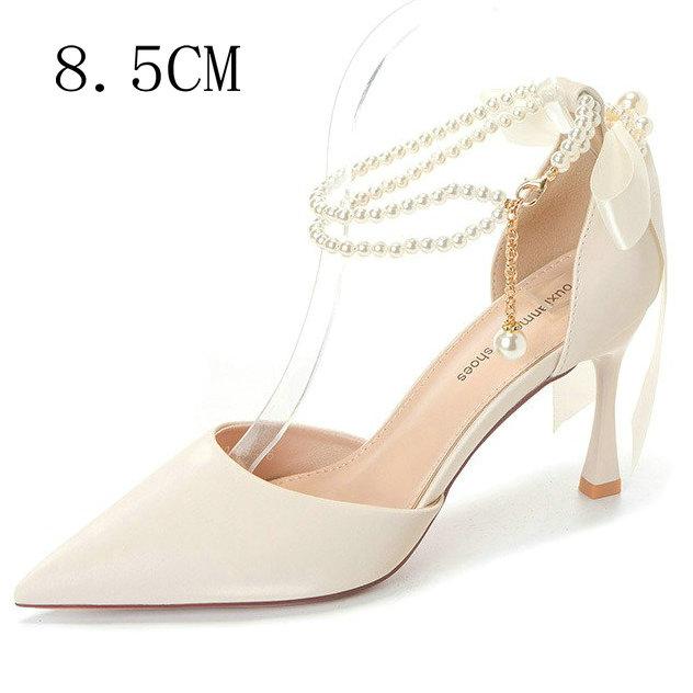 Fashion 2025 New Hollow Head High Heel Sandals Pearl Slim Heels Senior Sense Nude Nightclub Shoes Women
