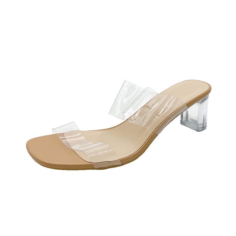Transparent high heels women's sandals summer new square head crystal thick heel with fashion large size cool slippers outside