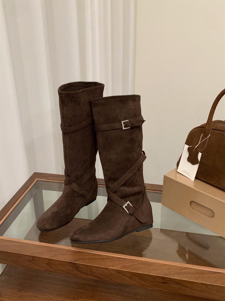 Inner Height Increasing Coffee Suede Stacking Boots Boots Women's Boots Autumn and Winter Vintage Maillard Long Knight Boots