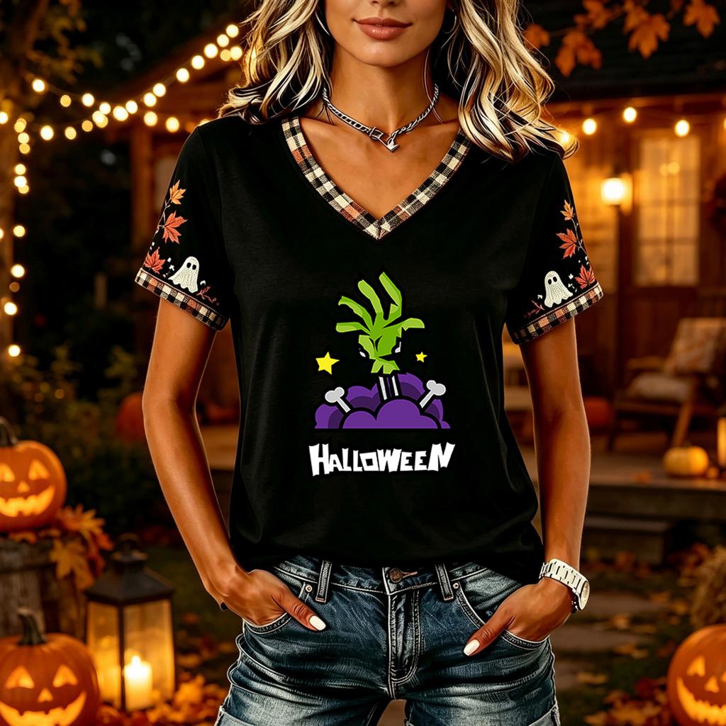 Tricouri Femei Halloween cu Decolteu în V Top cu Dovleac Tricou Casual Top pentru Petrecere de Sărbătoare