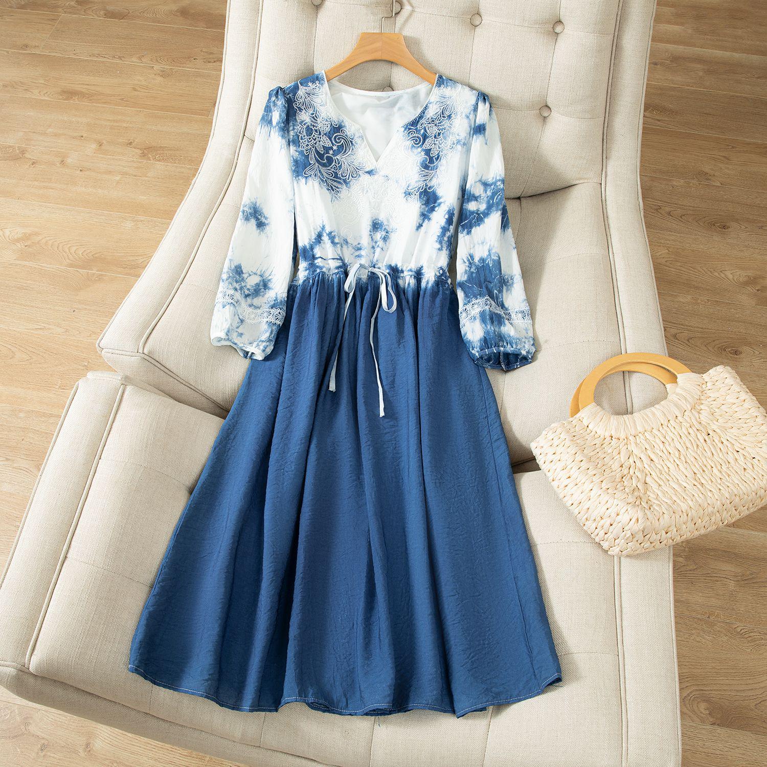 Yunnan Tie-dye French Embroidery Women s Summer Dress - Chinese Style Waist-Cinching Three-Quarter Sleeve Resort Skirt One Size