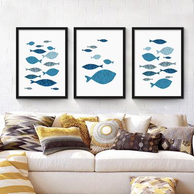 3 Sets Mediterranean Style Decorative Painting Abstrct Blue Fish Room Modern Simple Painting Fresh Bedroom Wall Posters