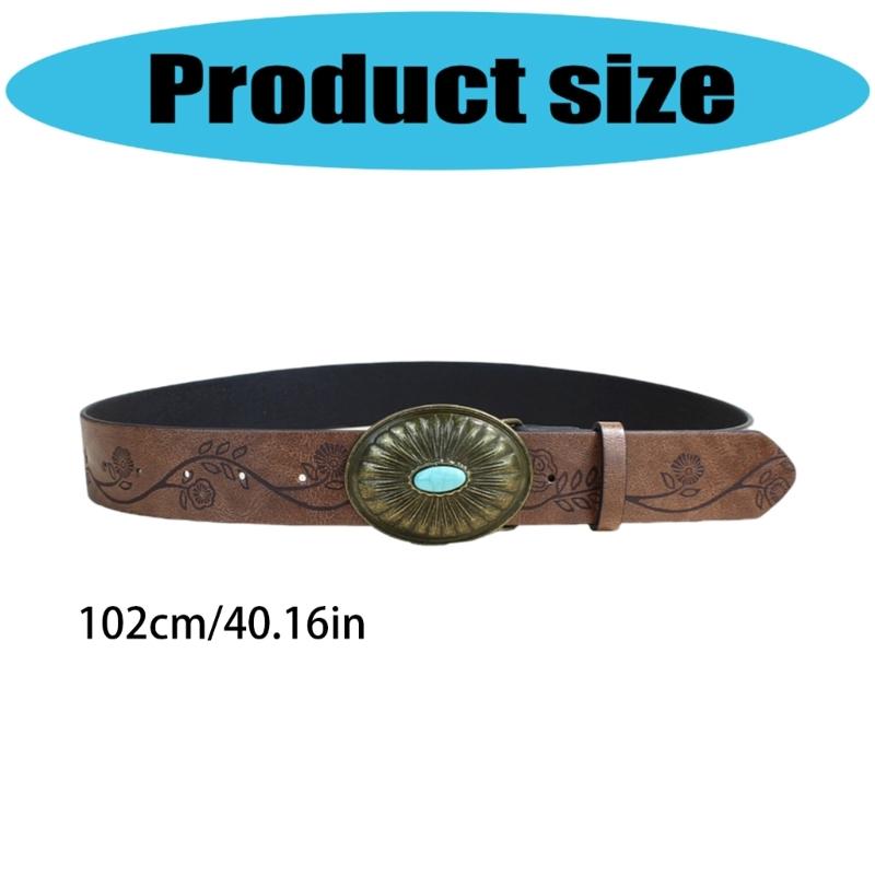Bohemian Women Waist Belt with Embossed Pattern Adjustable PU Leather Oval Buckles Waistband For Casual Outfit And Travel