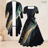 Women Plus Size Two Piece Set Square Neck Short Sleeve Tie Waist Flared Dress 3 4 Sleeve Colorful Printed Cardigan