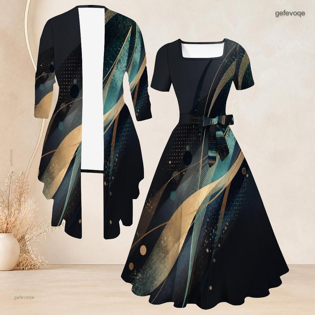 Women Plus Size Two Piece Set Square Neck Short Sleeve Tie Waist Flared Dress 3 4 Sleeve Colorful Printed Cardigan