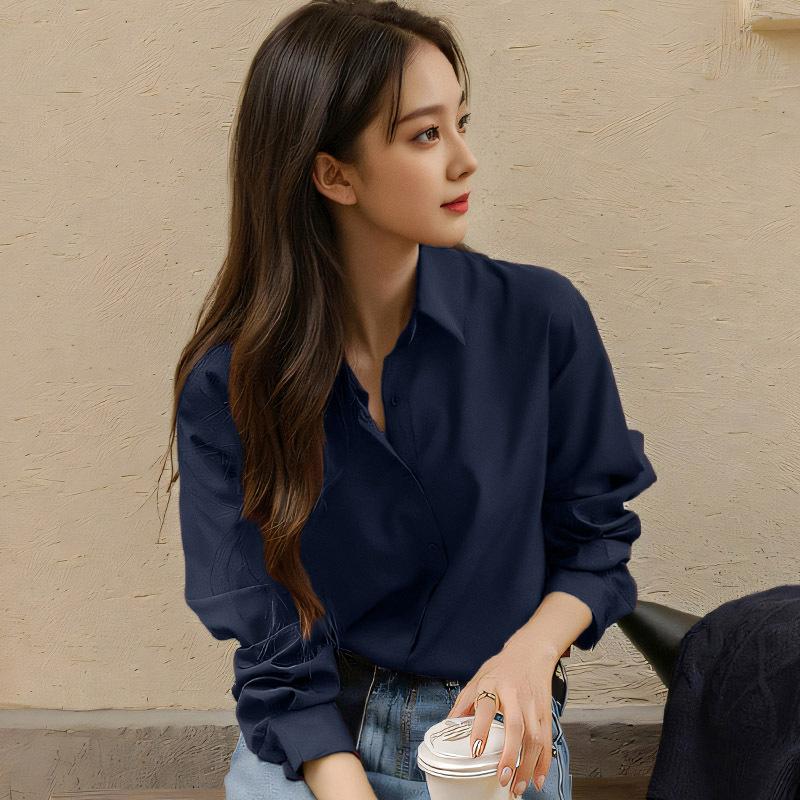 

Скользкая утягивающая рубашка с длинными рукавами для женщин, свободная универсальная для поездок на работу, белая рубашка с воротником-поло L тёмно-синий