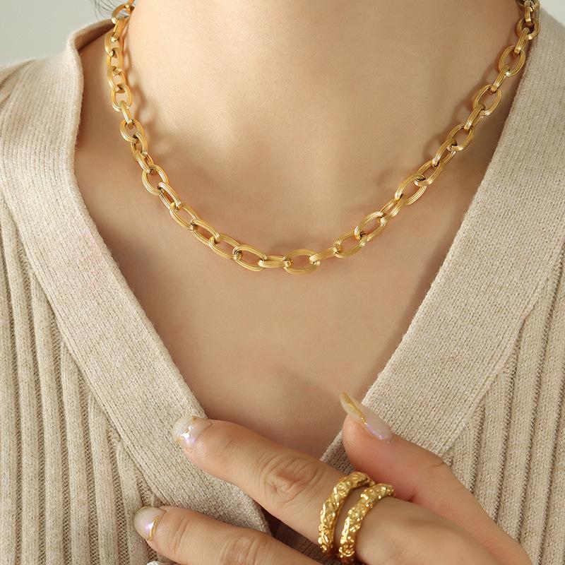 Brushed Thick Chain Stacked Necklace Personalized Trend Bracelet Titanium Steel Gold-Plated Simple Niche Jewelry Set