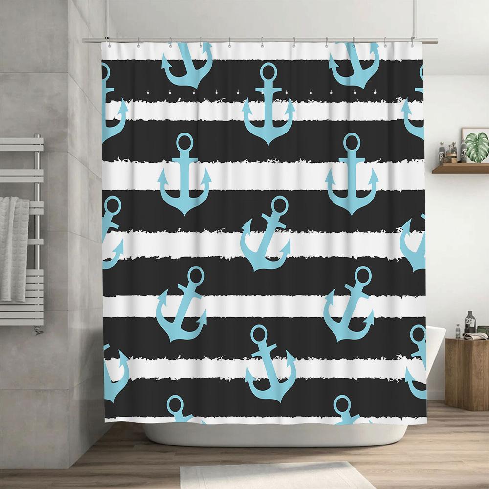 Blue Anchor Bath Shower Curtain Striped Waterproof Fabric Decorative Bathroom Decor Navy Blue Black Stripe Printed Pattern 180 x