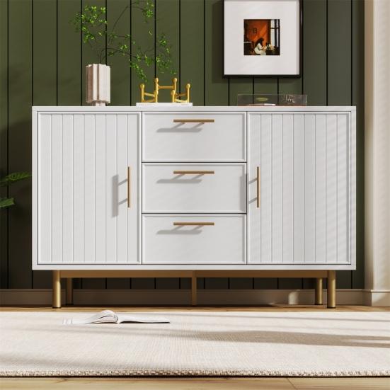 Makeup Desk Dressing Table with 2 Drawers Golden Handle Decorative Ribs Metal Frame Modern White Easy Assembly Bedroom Side Narrow Console Vanity