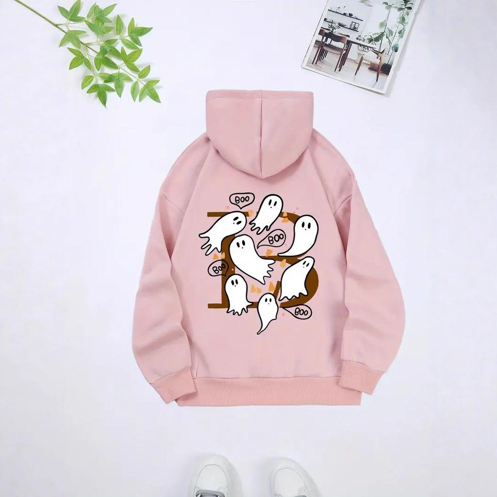 Ladies Spring Autumn Casual Hooded Long Sleeve Big Pocket  Halloween Ghost Printed Pullover Hoodies Sweatshirt Top