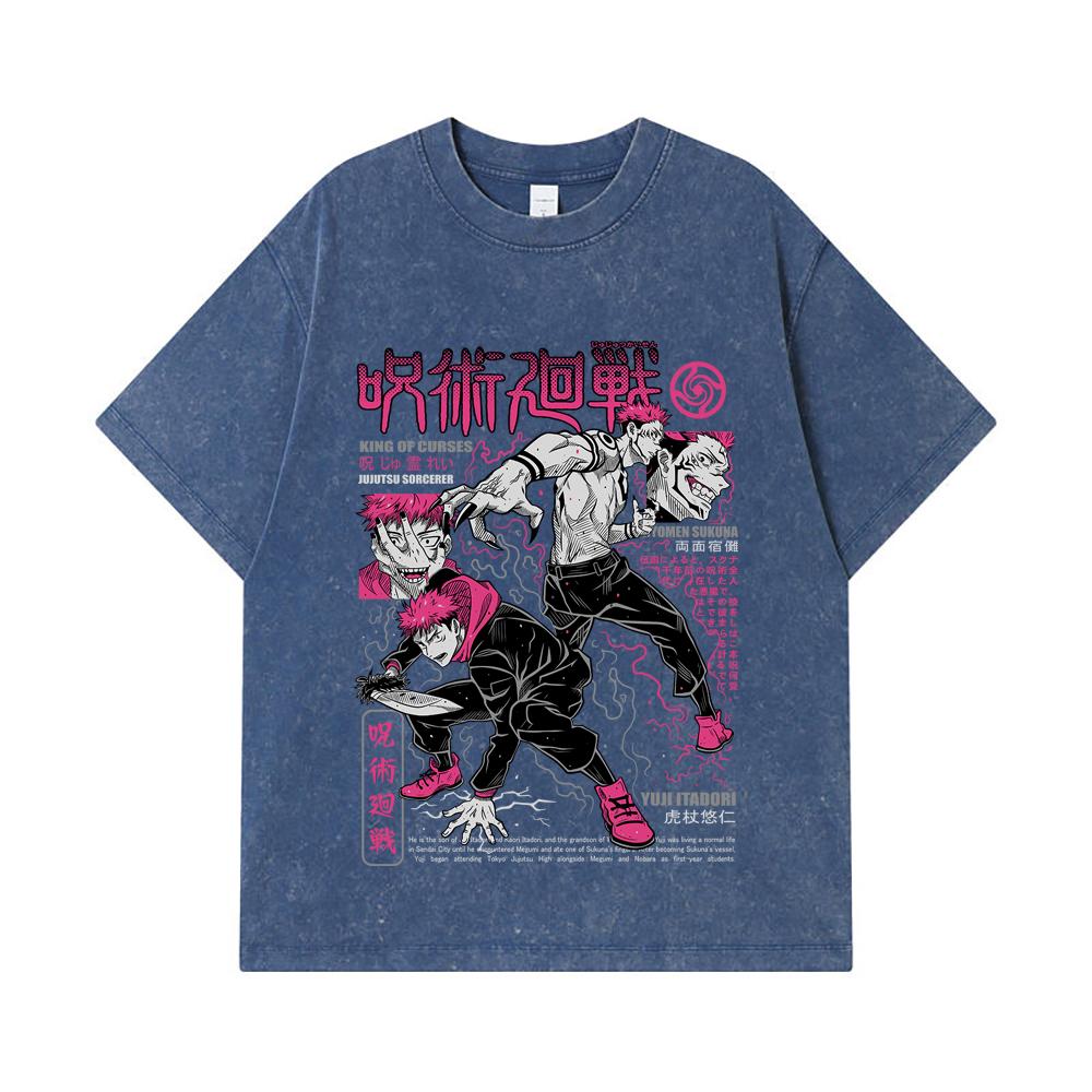 275 GSM Washed T-shirts 100% Cotton Jujutsu Kaisen V34 Yuji Sukuna Print Unisex Heavy Cotton T Shirt