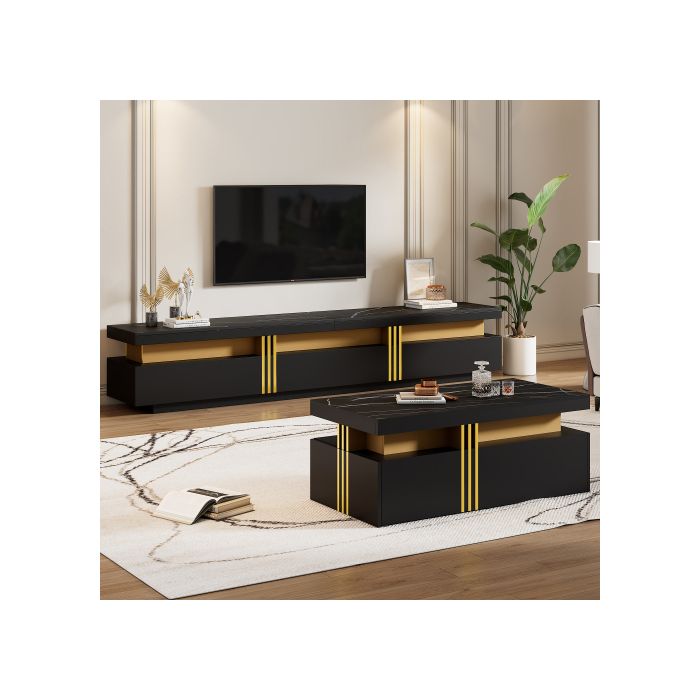 Ensemble Mural TV Noir, Ensemble Mural TV Pour Le Salon, Table Basse + Support TV, Ensemble Armoire Multifonctionnel