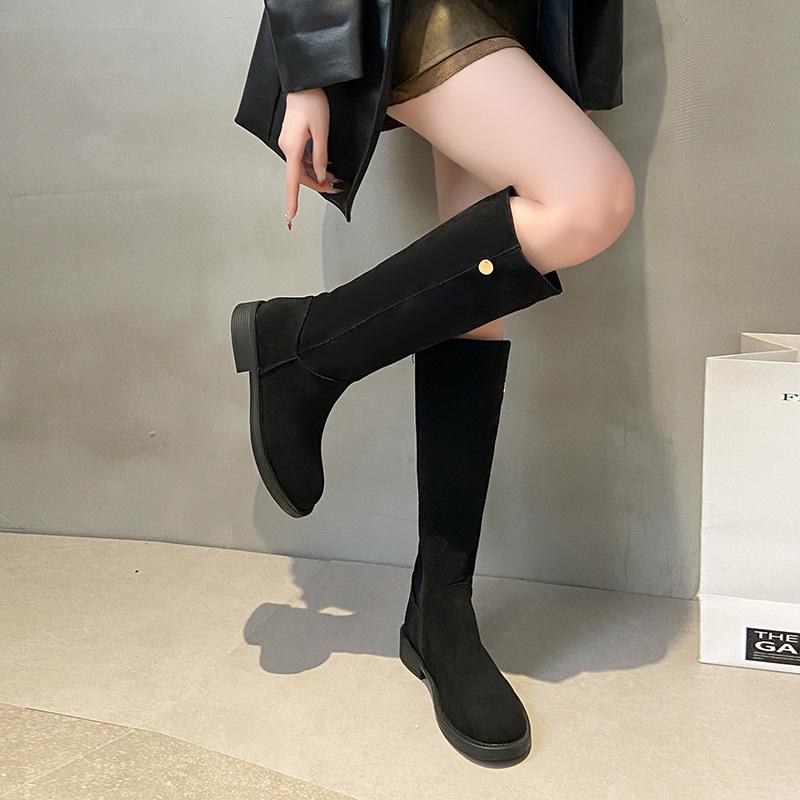 2025 New Knee-length Fashion Boots Knight Boots Matte Suede British Style Round Head Low Heel Niche Thin Boots