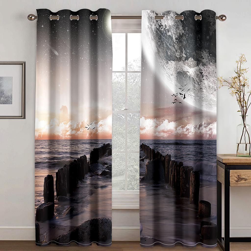 Natürliche Landschaft Landschaft Meer Wolken Stadt 2 Stücke Kostenloser Versand Dünne Fenster Vorhänge Vorhang für Wohnzimmer Schlafzimmer Dekor