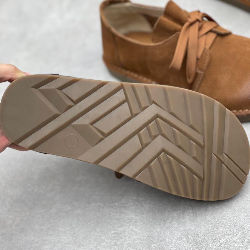 Johnature Casual Genuine Leather Lace-up Flats Round Toe Solid Color Cowhide Versatile Women's Shoes