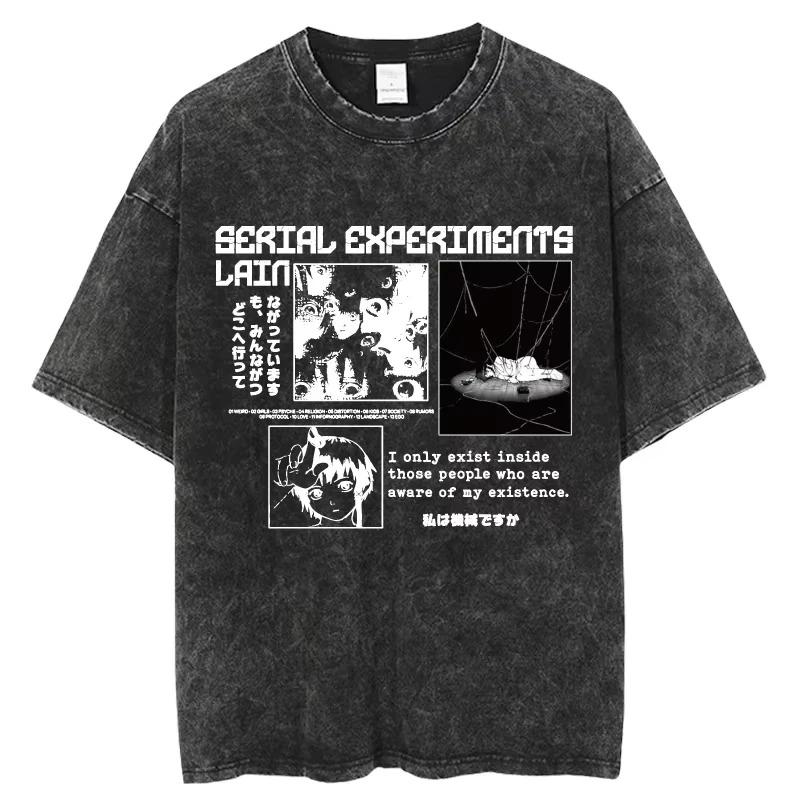 Serial Experiments Lain «Я существую только в тех людях, кто осознает мое существование.» Винтажная стираная оверсайз черная футболка | Киберпанк 90-х L