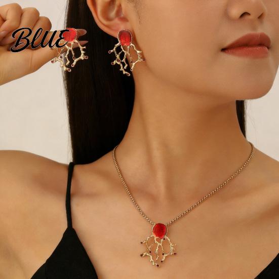 Party Wear Jewelry Faux Red Coral Drop Earrings And Necklace