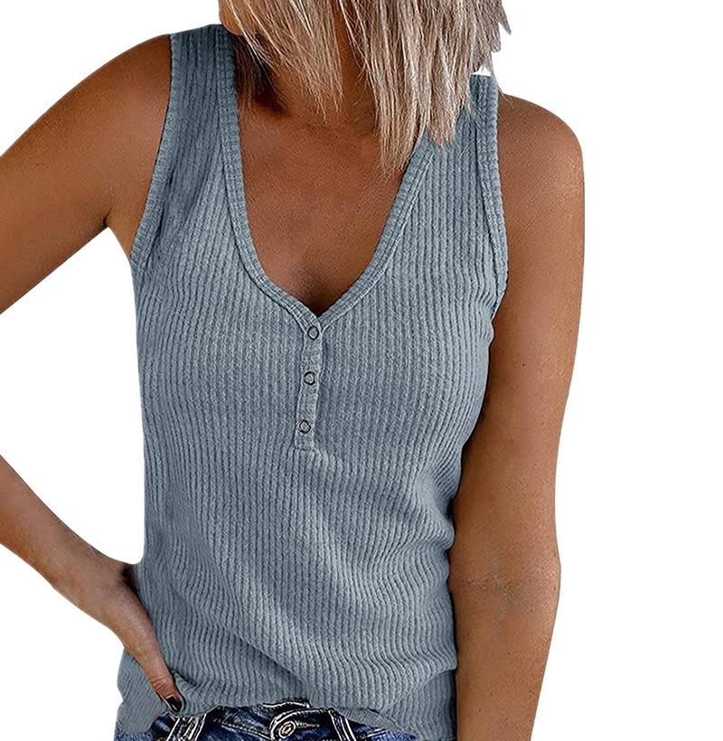 2023 Summer Women's Solid Color V-Neck Button Vest Sleeveless Top