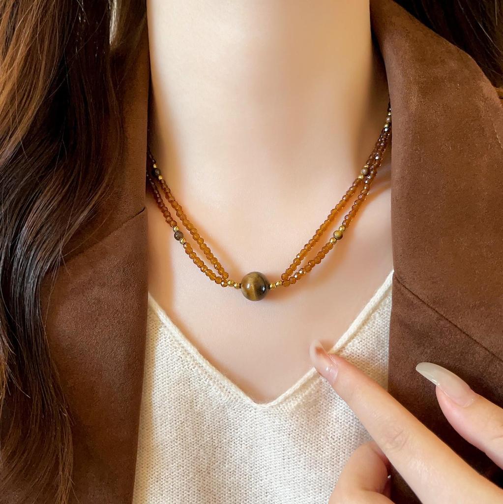 French Maillard Elegant Crystal Beaded Necklace - Tiger Eye Double Layer Choker with High-End Niche Luxury Feel