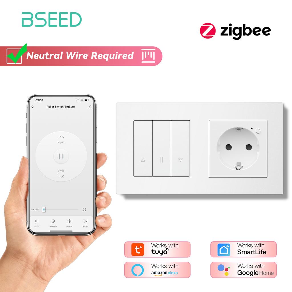 BSEED Zigbee Shutter Switch With Wall Sockets Wall Smart Click Switches Yellow Backlight Plastic Frame Tuya APP Roller Switch EU