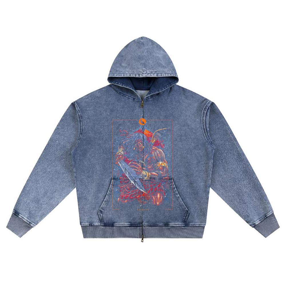 DTG print Knitted Denim Zip-Up Hoodie GUERRERO Brother Print Zipper Hoodies  