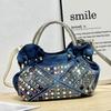Korean Mini Crossbody Bag, Rhinestone Studded Denim Canvas Purse, Fashion Women Casual Chic Shoulder Bag