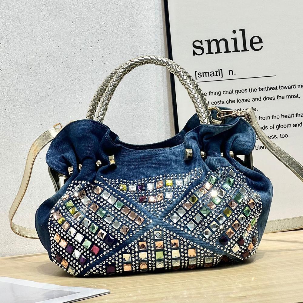 Korean Mini Crossbody Bag, Rhinestone Studded Denim Canvas Purse, Fashion Women Casual Chic Shoulder Bag