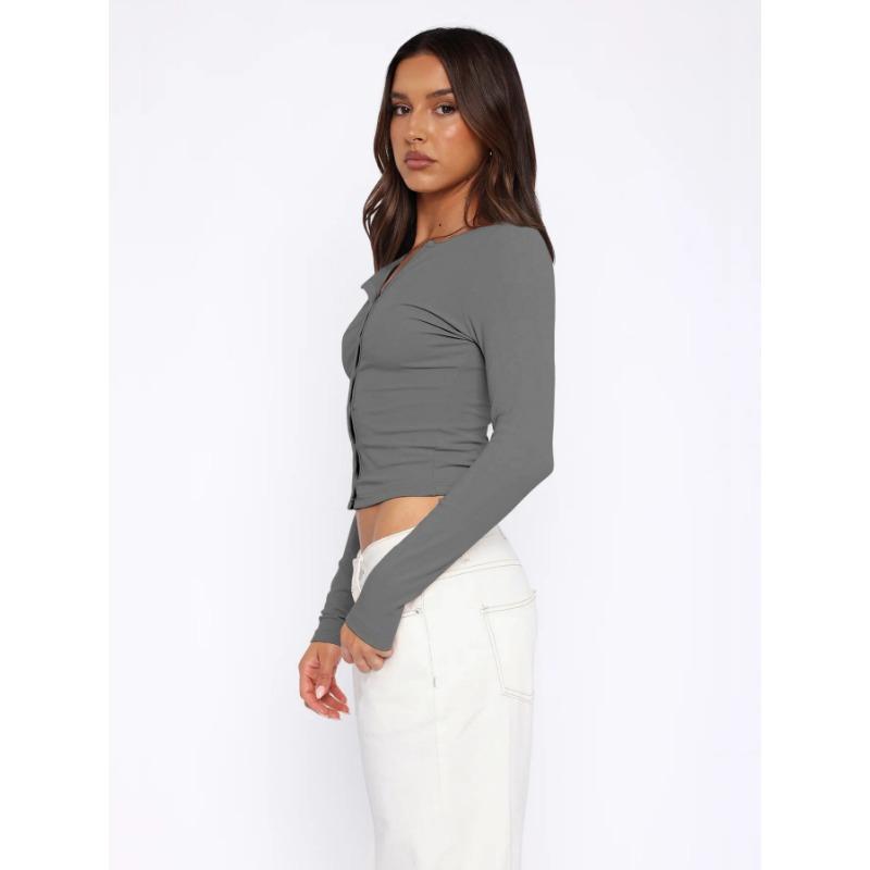 Jesień i Zima Jednolity Kolor Miękki Guzik Krótki Długi Rękaw Kurtka Kardigan Top