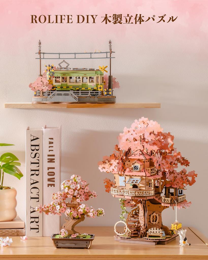Rolife 3D Wooden Cherry Blossom Treehouse with Swing Assembly Kit Creative Model Craft Cherry Blossom House Japanese Style Interior Decoration Home