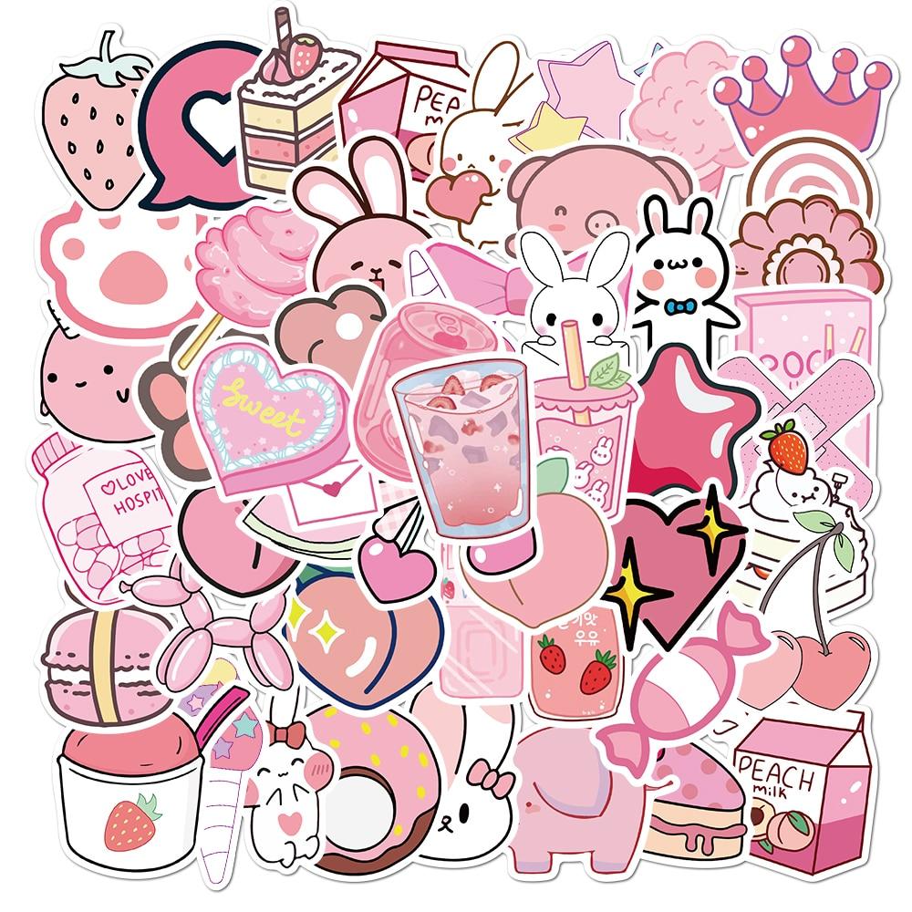 50pcs Cartoon Kawaii Pink Stickers For Girls Luggage Laptop Skateboard Bicycle Backpack Decal Toy Stickers For Children Gift