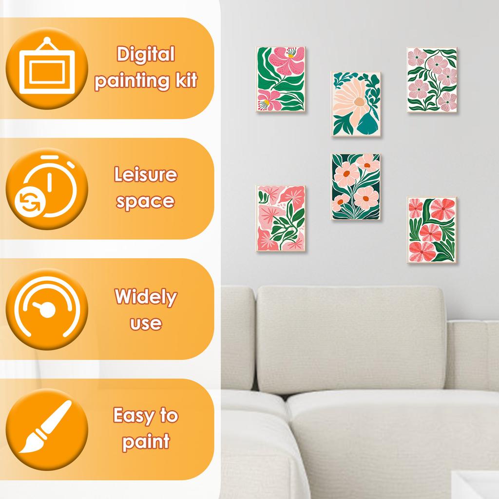 6 Pcs Paint by Numbers Kit DIY Paint by Number Set with Frames and Brushes Colorful Digital Oil Painting Set for Kids Beginners