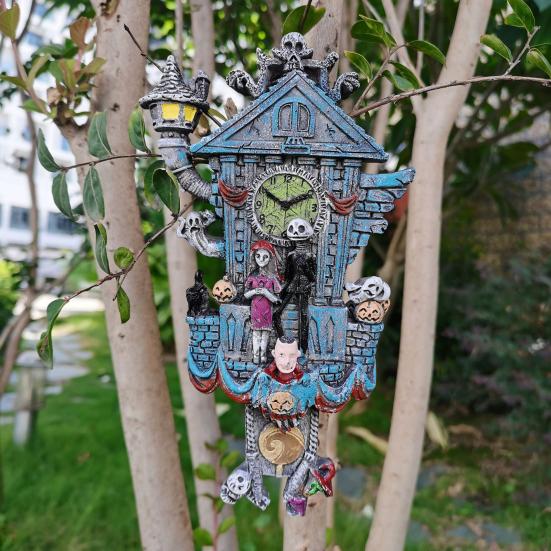 Halloween Cuckoo Clock Decoration Spooky Wall Clock Figurine Skeleton Pumpkin Wall Sculpture for Home Living Room Bedroom Decor