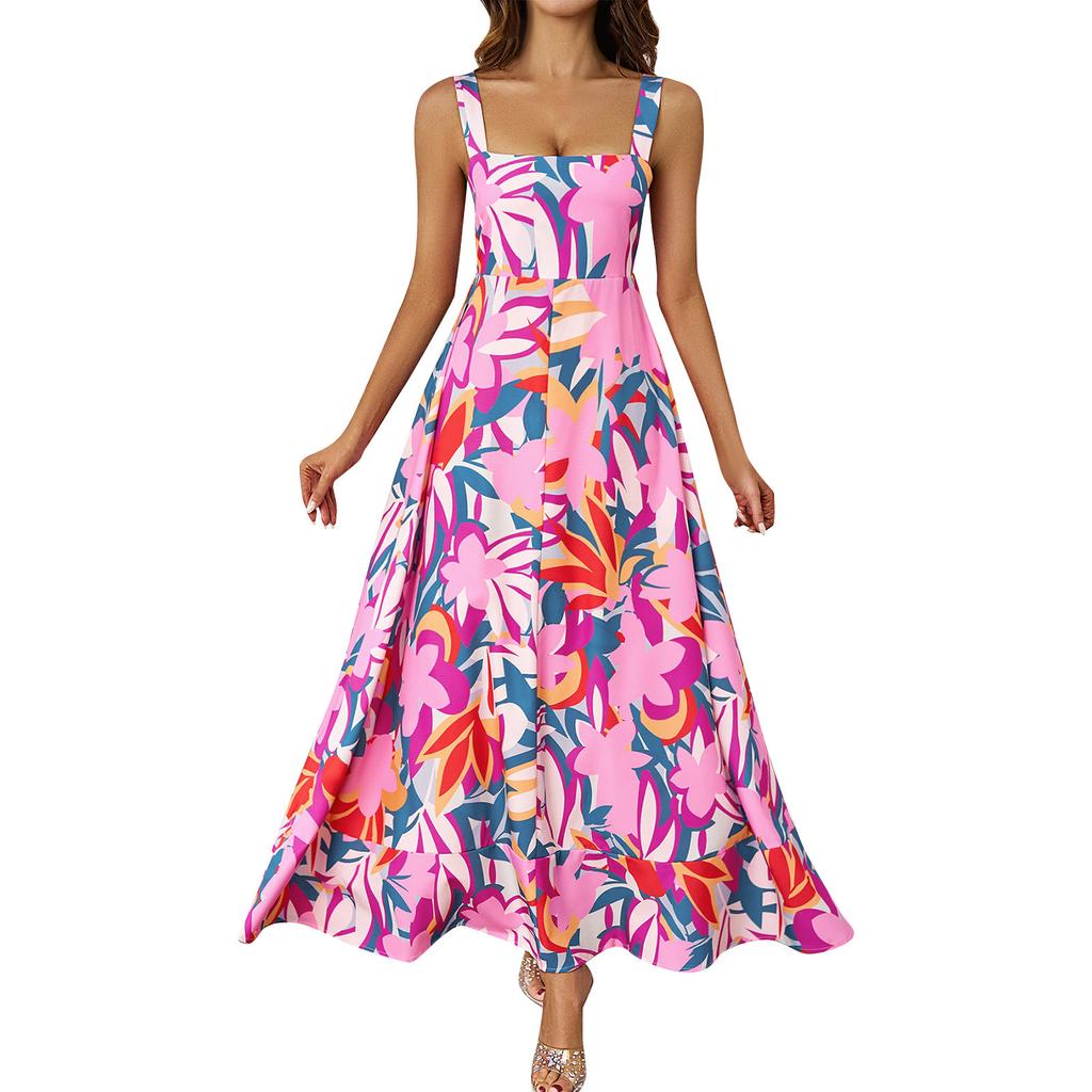 Women's Fashion Sexy Solid Color Sleeveless Strap Dress Women's Dress Long Dress