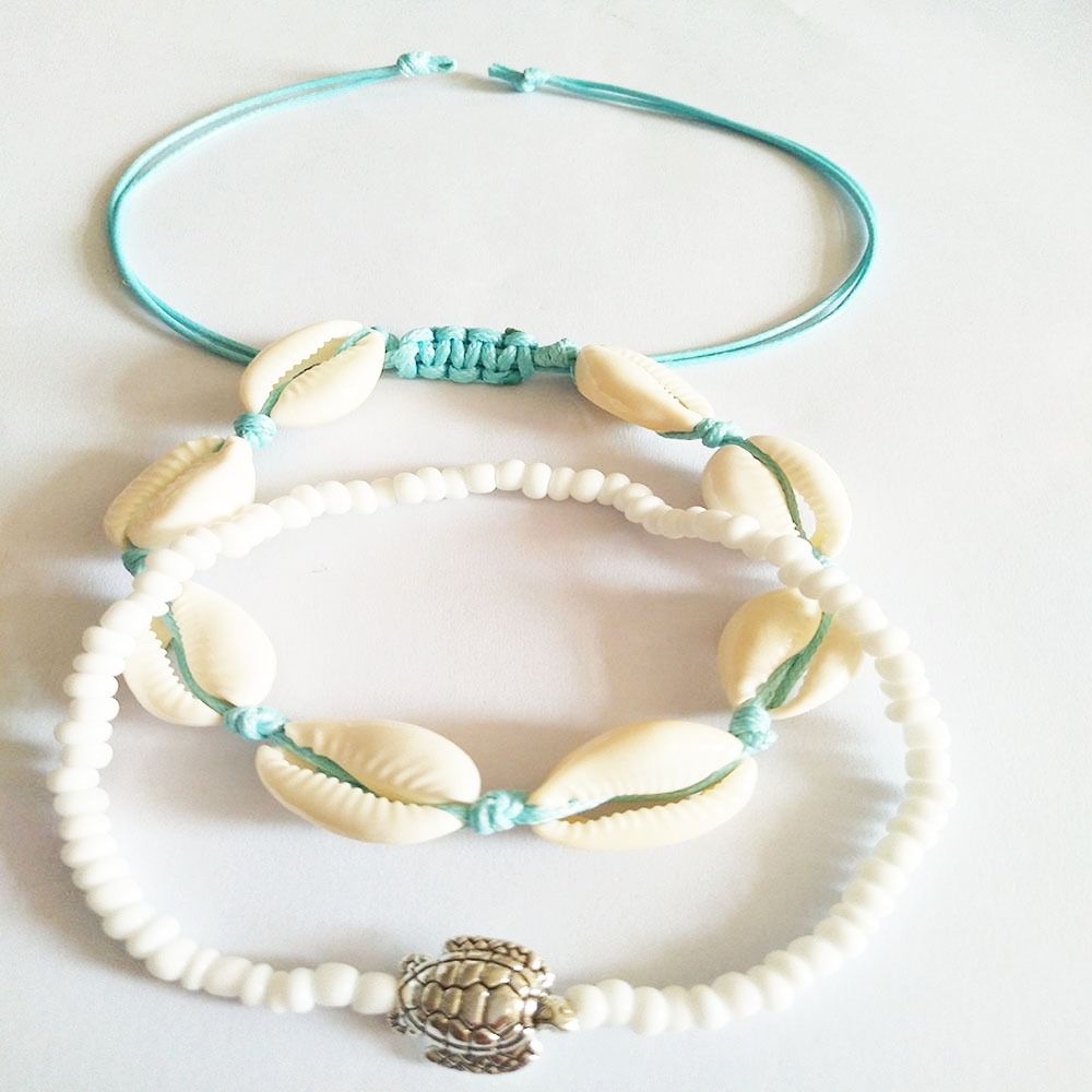 2PCS Zinc Zinc Alloy Rice Beads Anklets Set Shell  Vintage   Girl