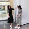 New Summer Dress Short-sleeved Medium and Long Dress Female Slim-fitting Versatile Cold Wind Solid Color Knee-high A-word Skirt
