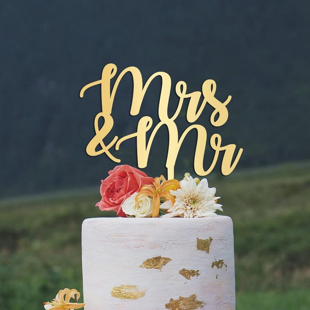 Mrs & Mr Birthday Cake Topper Monogram Acrylic Cupcake Topper Picks Wedding Birthday Cake Bunting Decor Personalized Mirror Gold Cake Accessories for