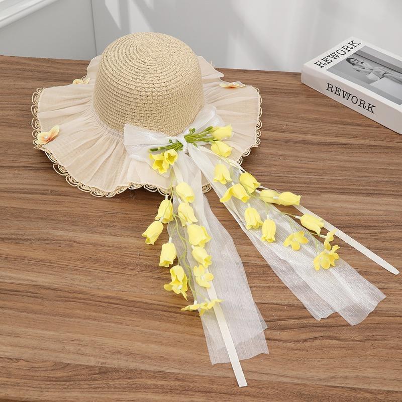 Summer Bow Sun Hat Female, Seaside Beach Vacation Sun Hat Outdoor Big Brim Sun Hat Sweet Straw Hat
