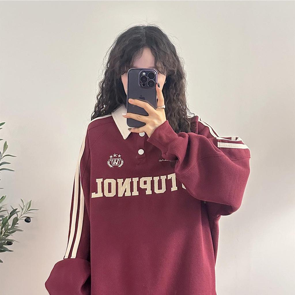 2025 Spring/Autumn Retro Trend Loose Japanese Straight Shoulder Casual Long Sleeve Polo Sweatshirt