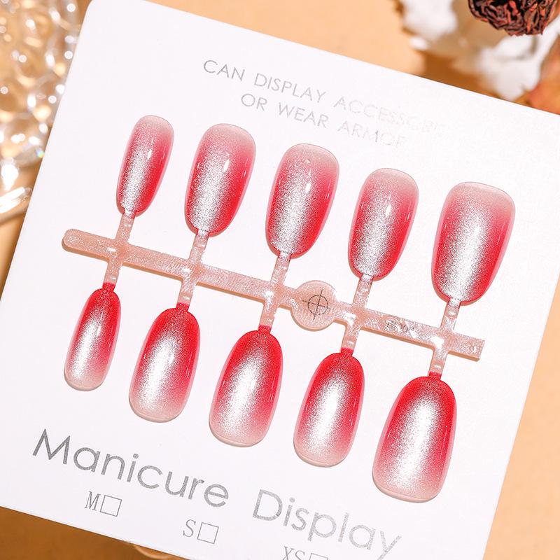 Pomegranate Red Cat Eye Nail Stickers - Autumn/Winter Collection, Short Oval Gradient, Simple & Versatile, Set of 30